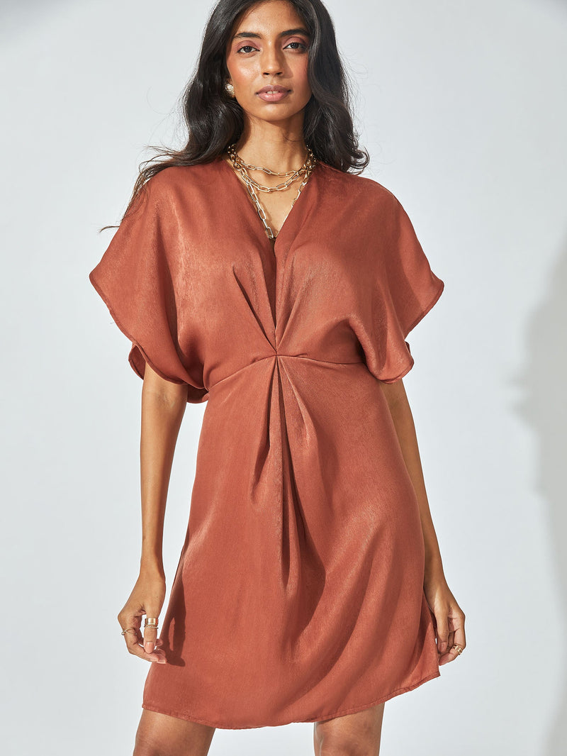 Terracotta Satin Gathered Dress